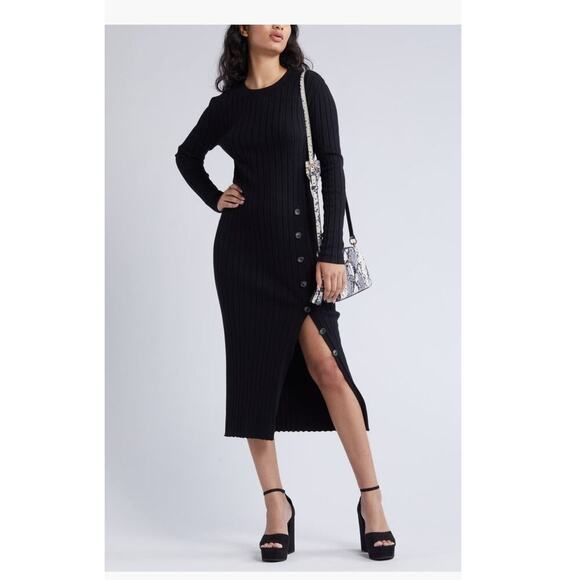 Open edit ribbed sweater button side midi dress black size small - Picture 1 of 10